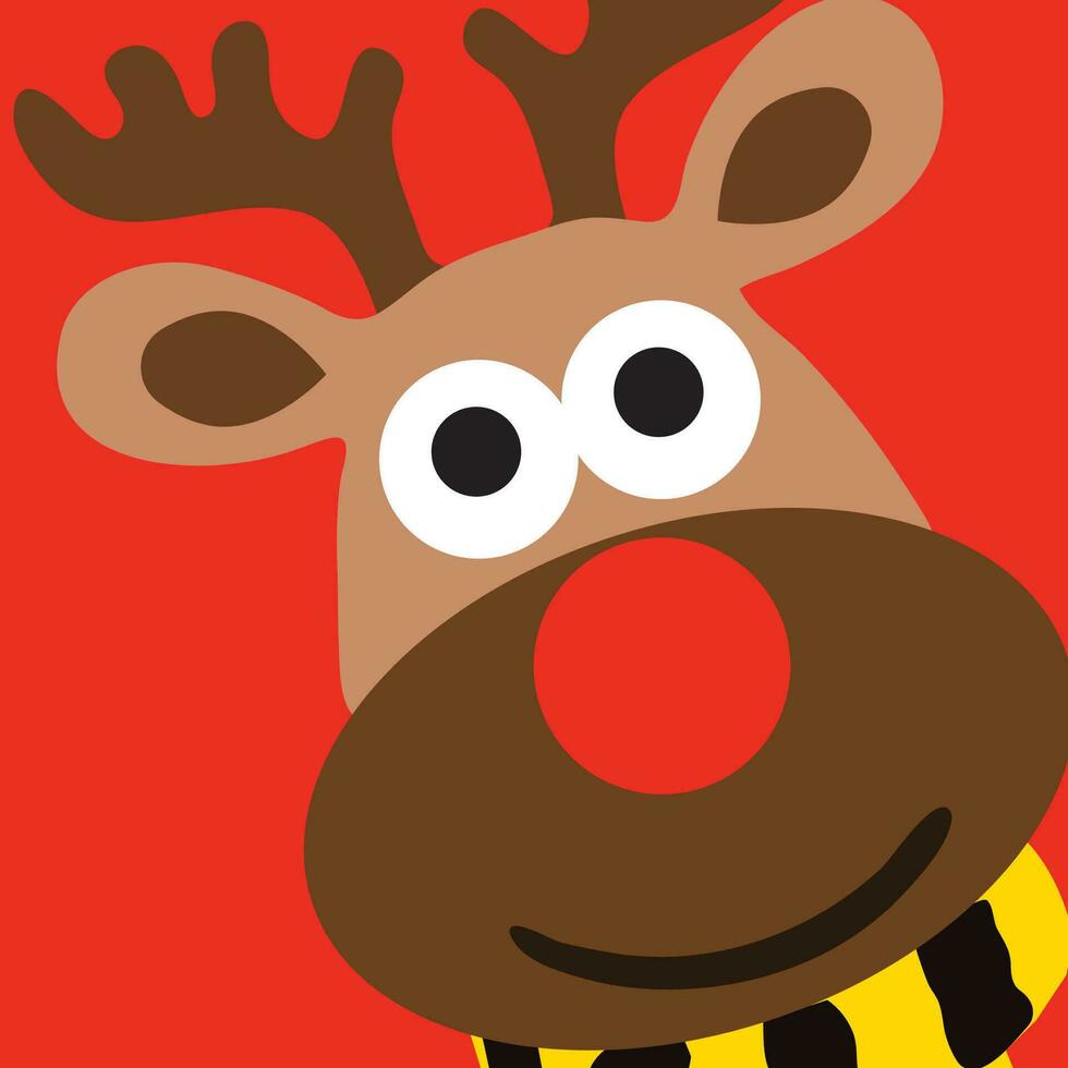 il sorridente Natale renna con giallo sciarpa. Natale volta. renna logo con rosso naso e corna su rosso sfondo vettore