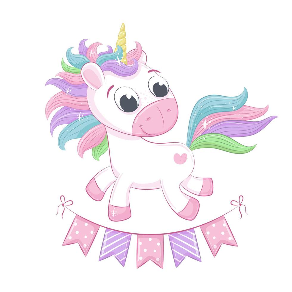 illustrazione di unicorno bambino carino. illustrazione vettoriale per baby shower, biglietto di auguri, invito a una festa, stampa di t-shirt di vestiti di moda.