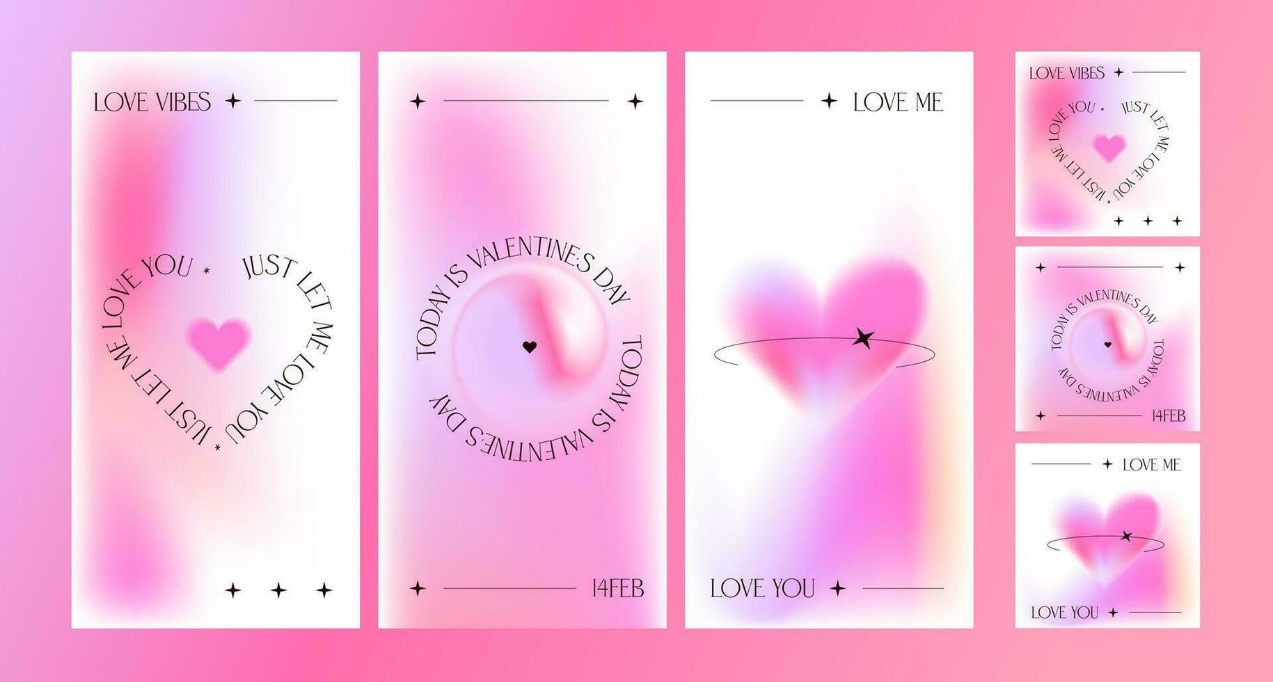 moderno sociale media design modelli di san valentino giorno e amore carta, striscione, manifesto, copertina impostare. di moda minimalista estetico con sfocatura gradienti e tipografia, y2k romantico sfondi. vettore eps10