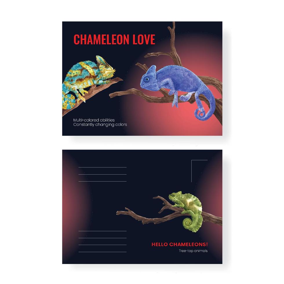 modello di cartolina con il concetto di lucertola camaleonte,stile acquerello vettore