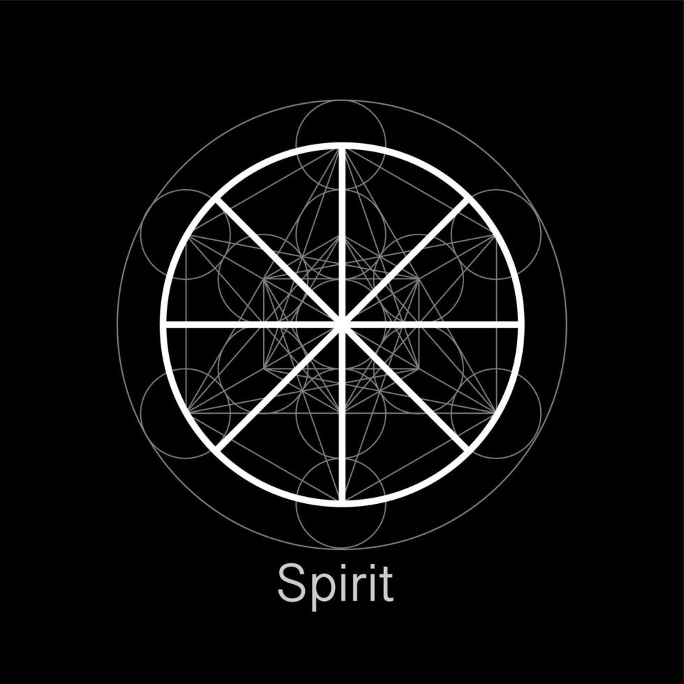 simbolo dello spirito icona dell'alchimia wicca, geometria sacra, design del logo magico del segno spirituale. vettore mandala bianco linea arte isolato su sfondo nero