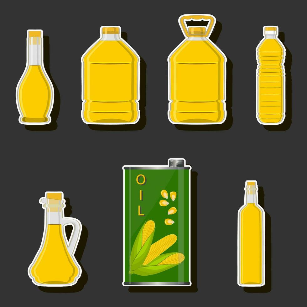 illustrazione sul tema grande kit olio in diverse bottiglie di vetro per cucinare il cibo vettore