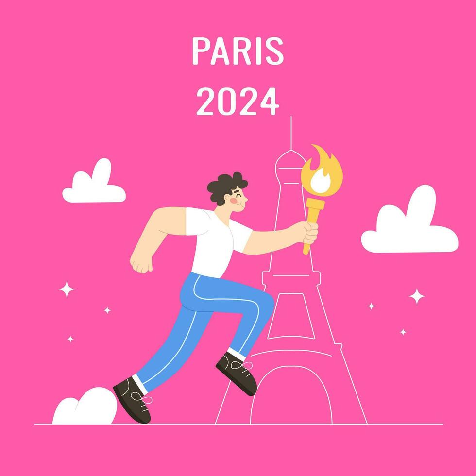 Giochi nel Parigi o concorrenza concetto Francia 2024 un' uomo corre un' maratona con il torcia contro il fondale di il eiffel Torre. vettore illustrazione nel moderno piatto stile