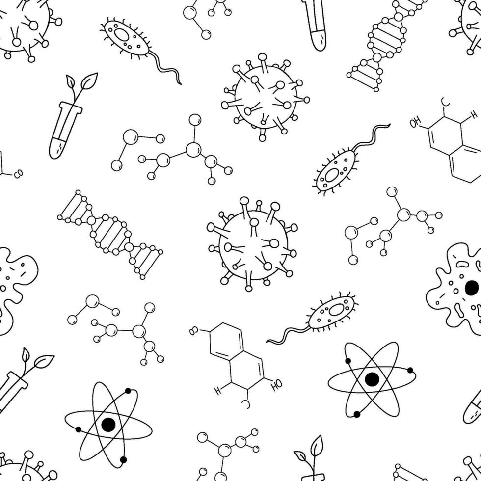 senza soluzione di continuità vettore monocromatico modello con scienza e formazione scolastica linea illustrazioni. schema schizzi su bianca sfondo. chimica, biologia scarabocchio.