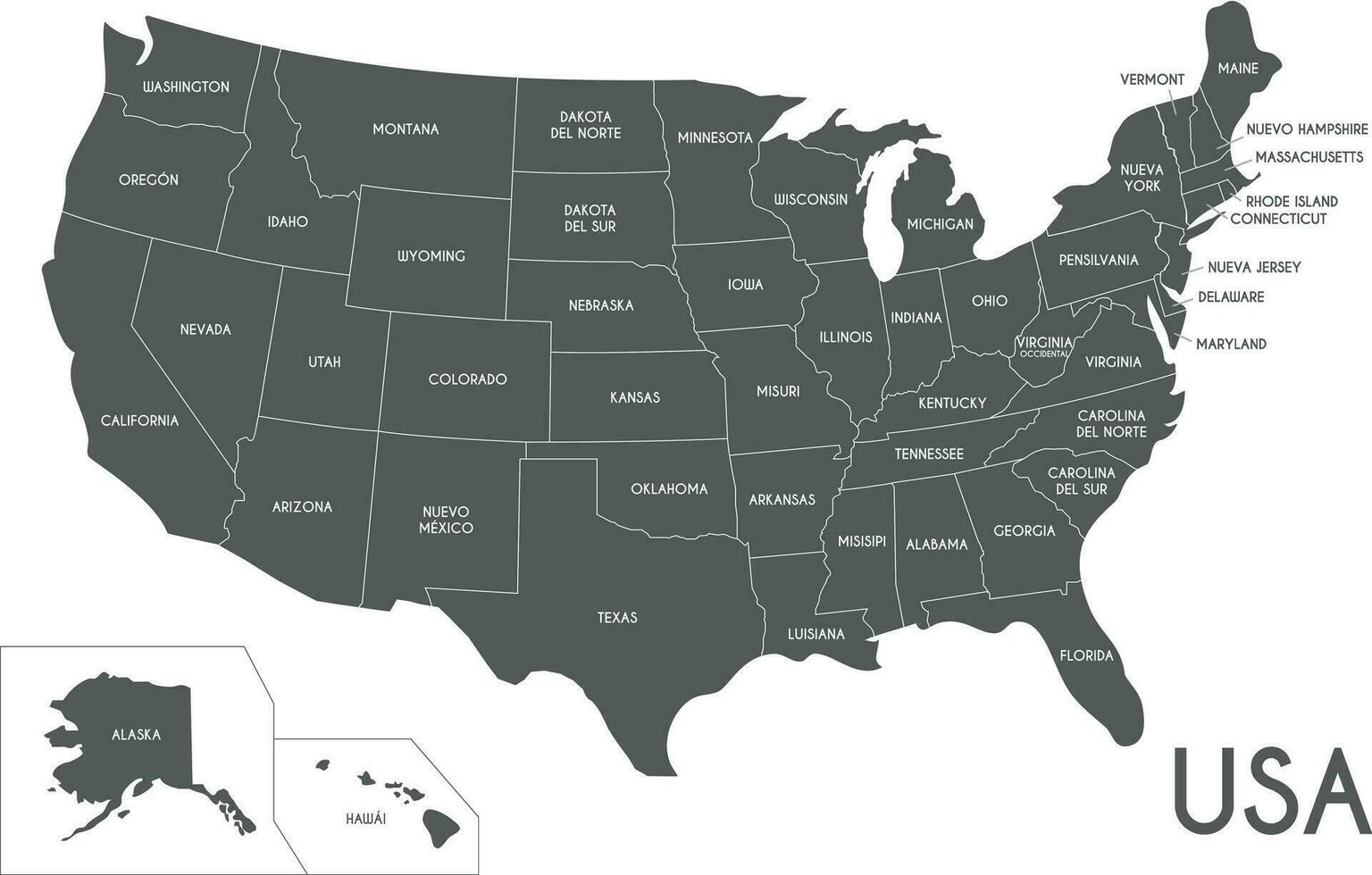Stati Uniti d'America carta geografica vettore illustrazione isolato su bianca sfondo con nazione nomi nel spagnolo. modificabile e chiaramente etichettato strati.