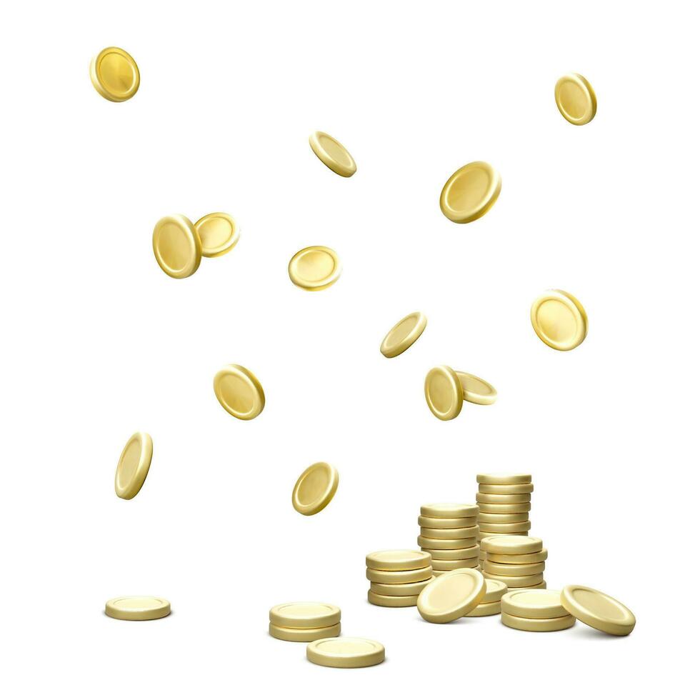 oro moneta pila e caduta metallo i soldi. 3d d'oro moneta isolato su bianca sfondo. vettore illustrazione