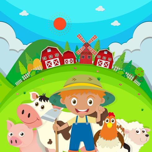 Agricoltore e animali da fattoria nella fattoria vettore