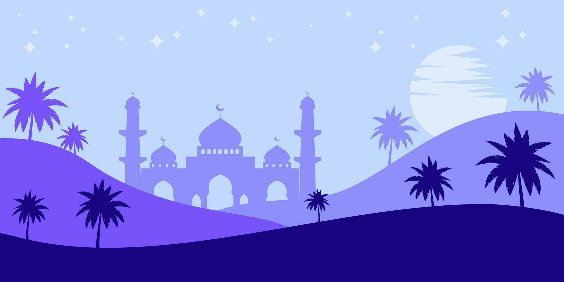 islamico blu sfondo con sagome di montagne, moschea, Noce di cocco alberi, Luna e stelle. vettore modello per striscione, saluto carta, sociale media, manifesto per islamico vacanze, eid al-fitr, Ramadan