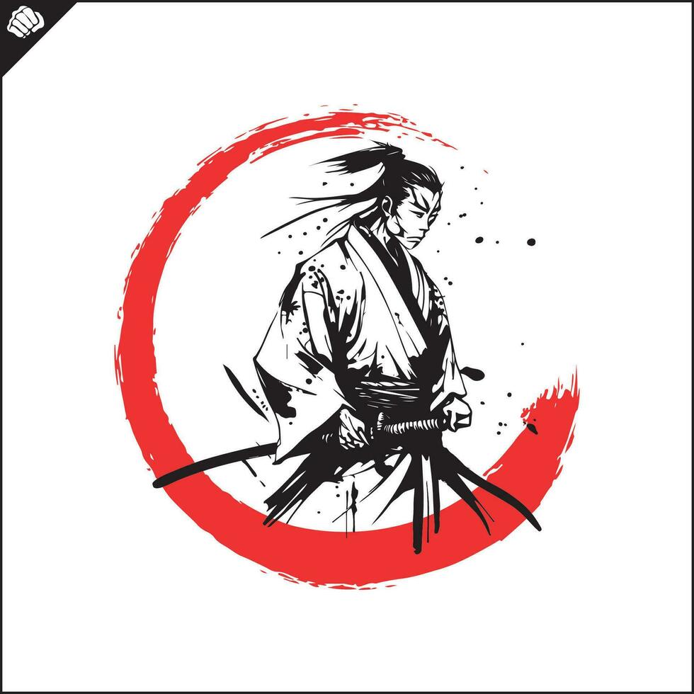 samurai. Giappone guerriero con katana manto erboso. vettore