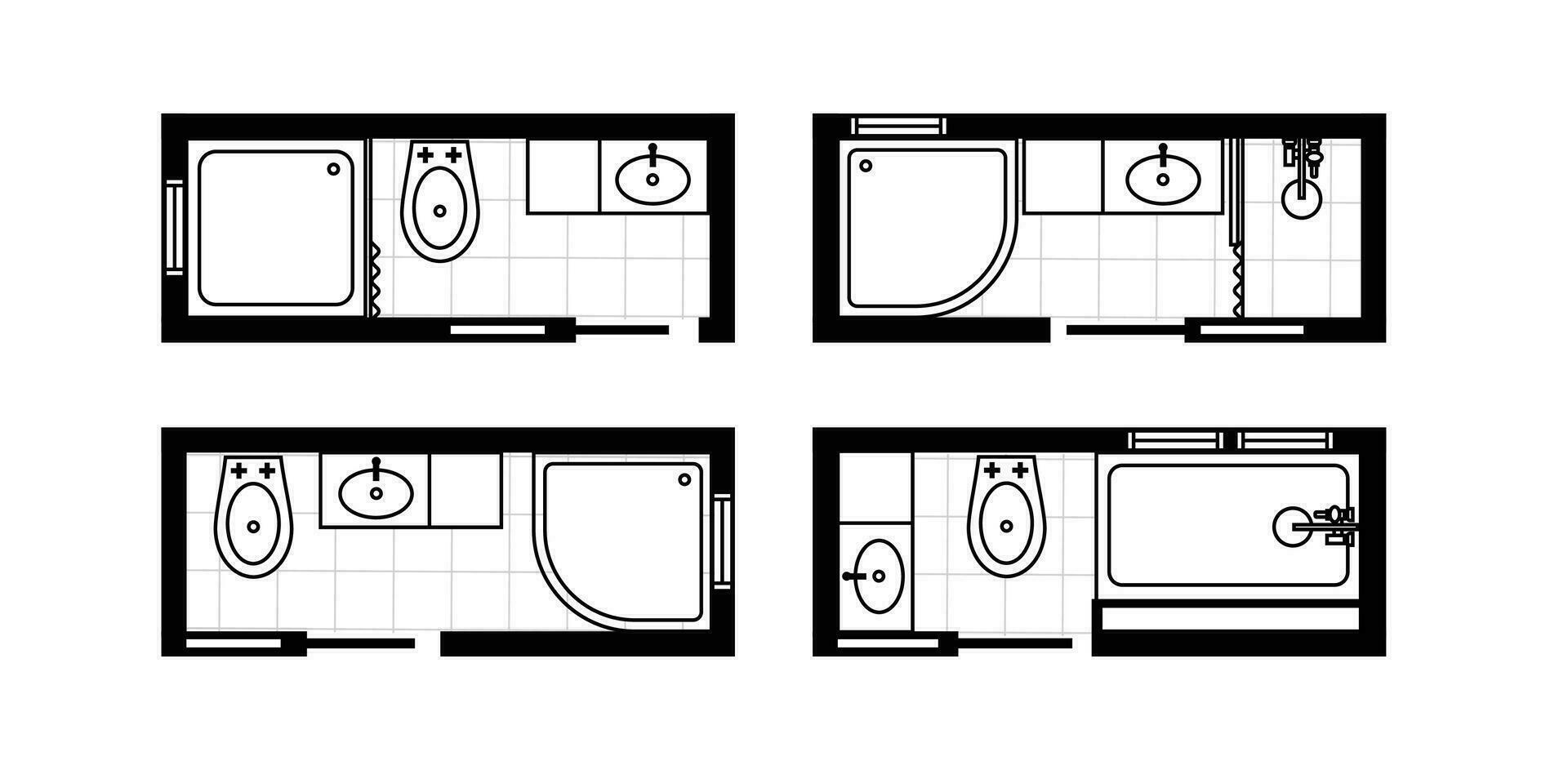 architettonico piani per bagni, studi e case. interno pavimento Piano e design elementi per gabinetto, lavello, vasca da bagno e doccia vettore