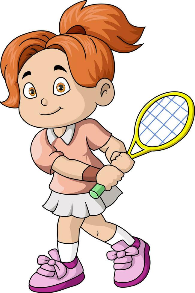carino poco ragazza cartone animato giocando tennis vettore