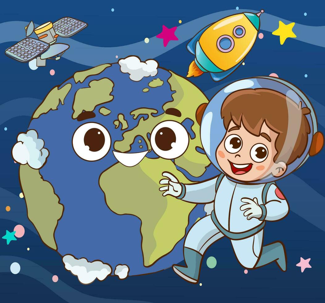 vettore illustrazione di bambino astronauta si sente contento nel spazio