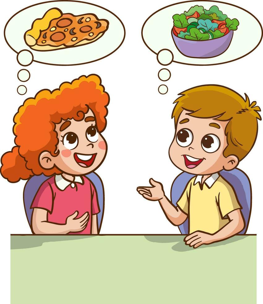 carino bambini era pensiero di la scelta fra Rifiuto cibo o salutare cibo. vettore illustrazione
