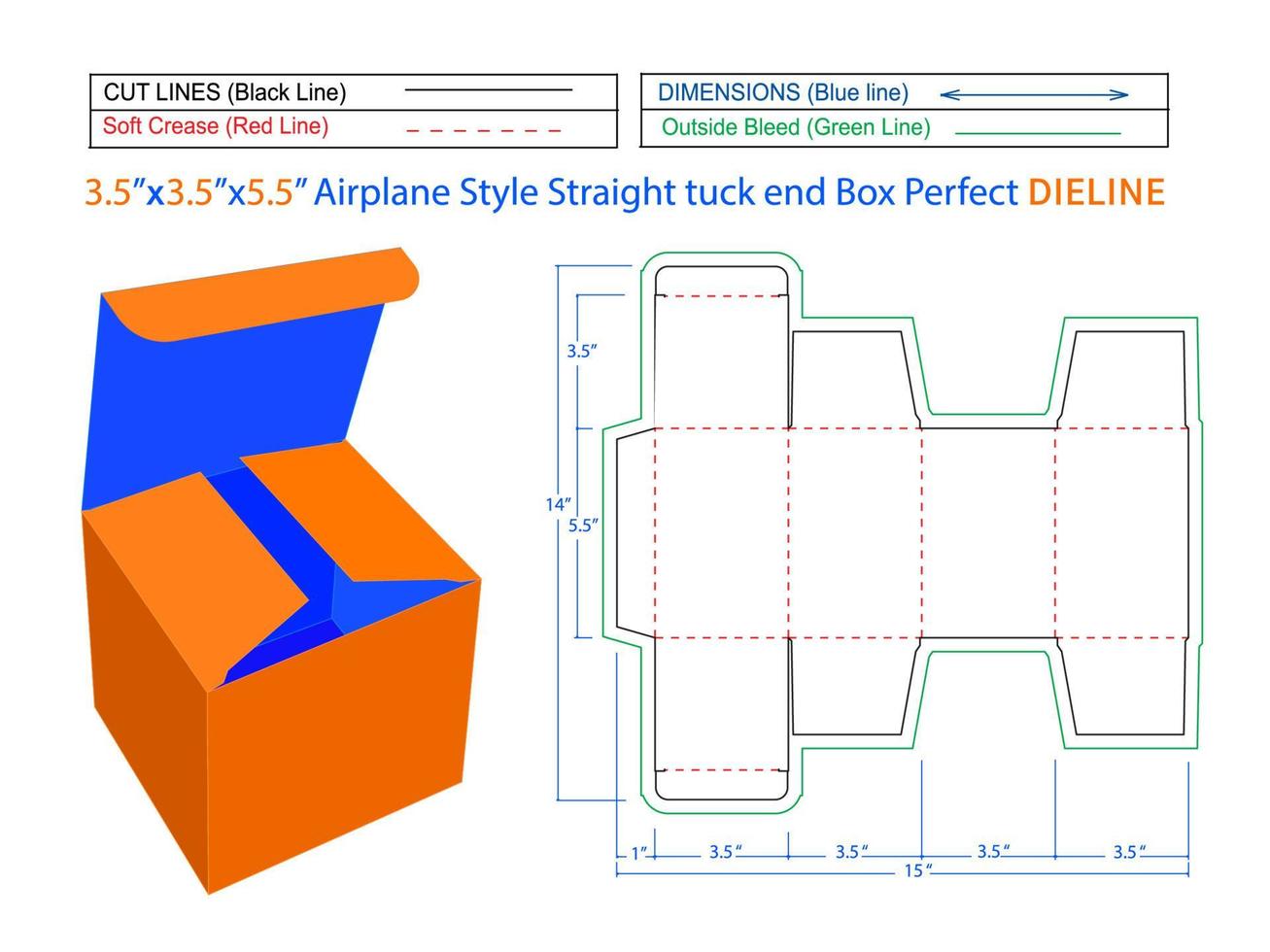 scatola con estremità dritta in stile aeroplano modello dieline da 3,5x3,5x5,5 pollici e scatola 3d modificabile vettore