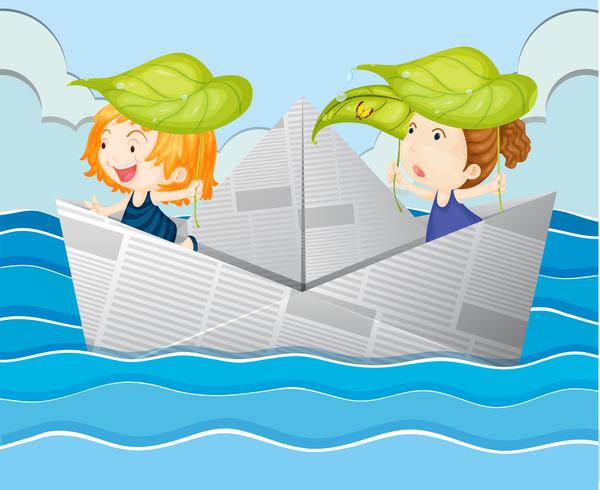 Barca di carta con due ragazze vettore