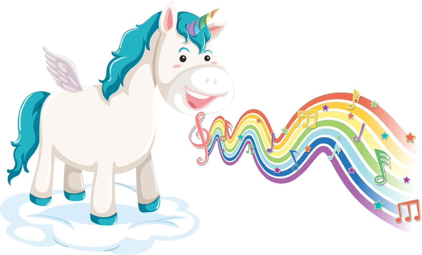 unicorno in piedi sulla nuvola con simboli di melodia sull'onda arcobaleno vettore
