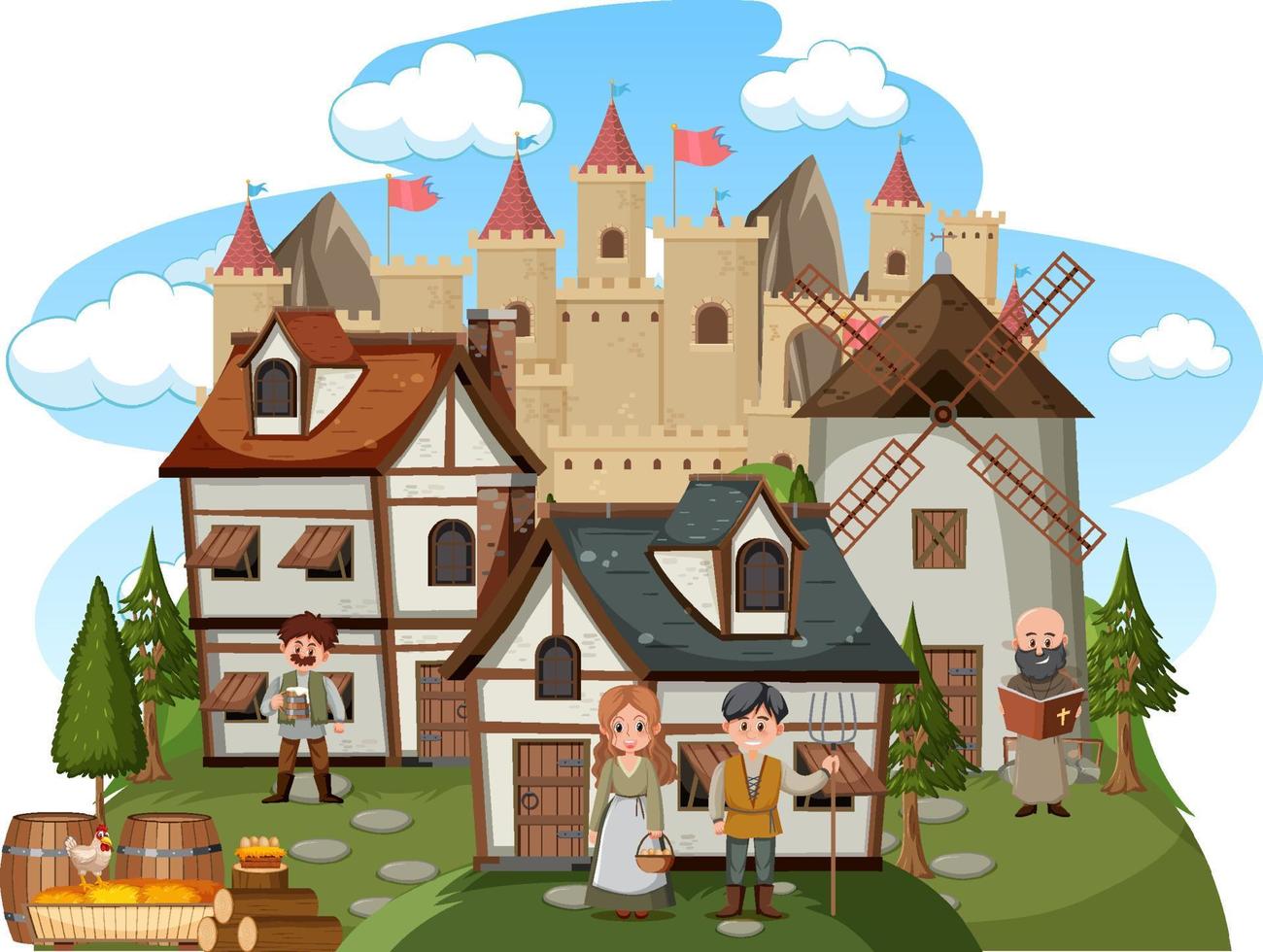 villaggio medievale con abitanti del villaggio su sfondo bianco vettore