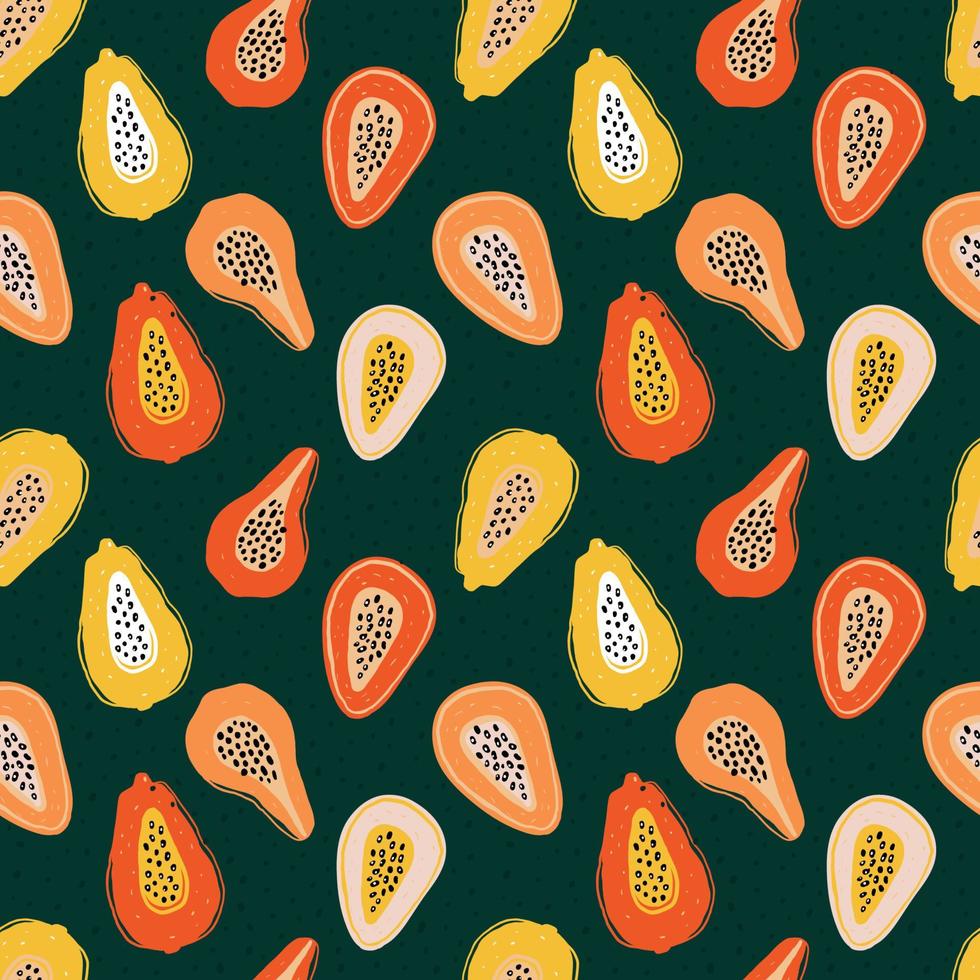 pattern di colori con fette di papaia, frutto della passione sul verde. pezzi di frutta esotica disegnati a mano in sfondo lrepeating. ornamento fruttato per stampe tessili e disegni di tessuti. vettore