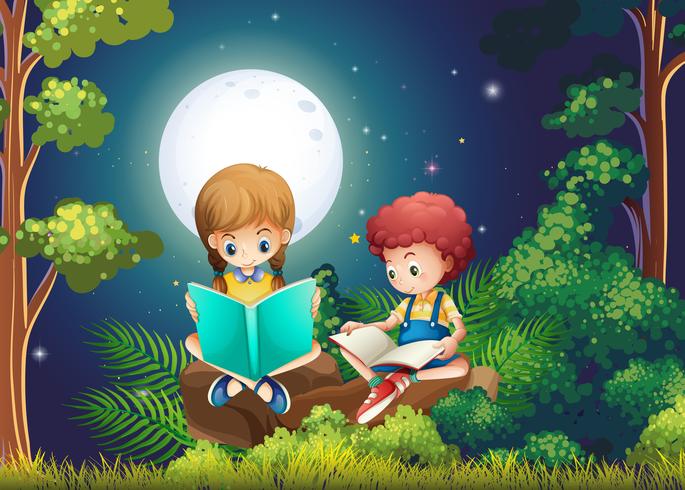 Ragazzo e ragazza leggendo libri nel bosco di notte vettore