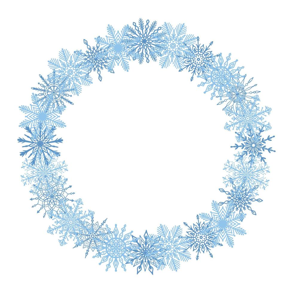 bella stagione invernale, natale, capodanno cornice rotonda, corona con fiocchi di neve blu disegnati a mano isolati su sfondo bianco. modello di design festivo invernale con spazio di copia vuoto. vettore