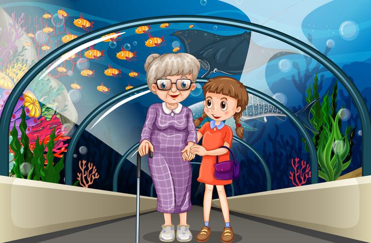 Nonna e bambino in acquario vettore