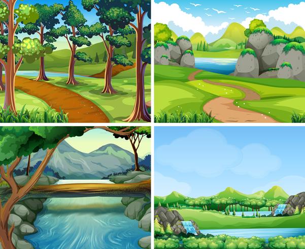 Quattro scene con fiume e albero vettore