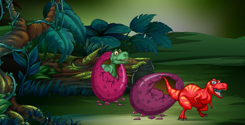 Scena della foresta con due dinosauri che cova uovo vettore