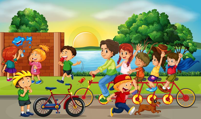 Scena di strada con bambini e biciclette per famiglie vettore