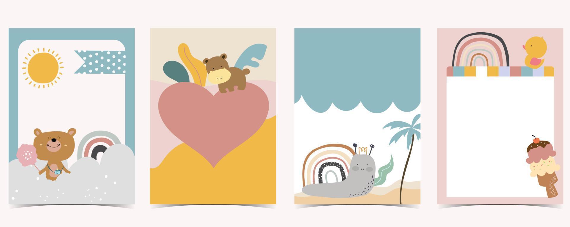 collezione di cartoline per bambini con orso, arcobaleno, sole.illustrazione vettoriale modificabile per sito Web, invito, cartolina e adesivo