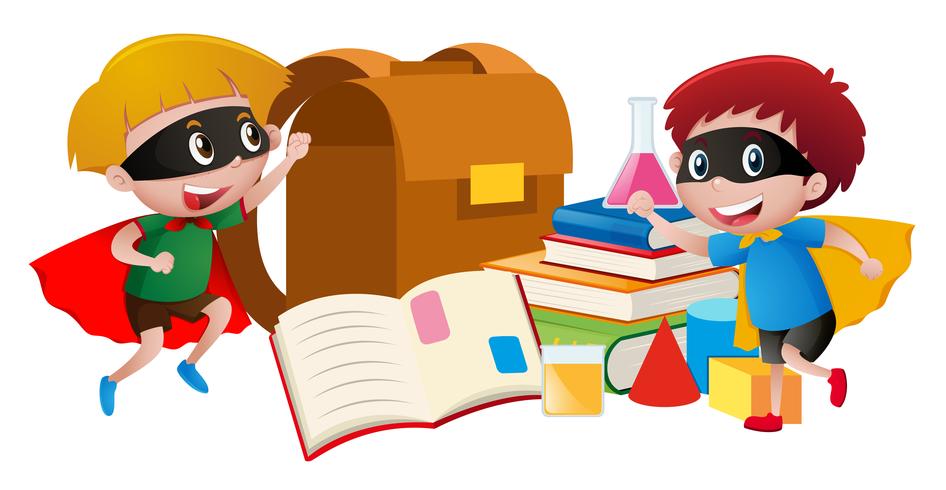 Due ragazzi in costume da eroe leggono libri vettore