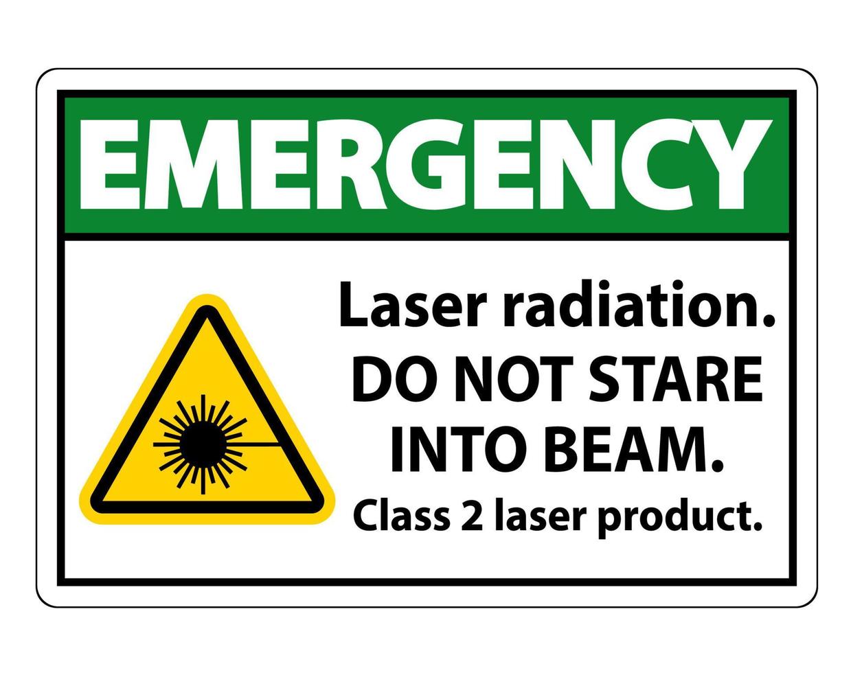 radiazione laser di emergenza,non fissare il raggio,segno del prodotto laser di classe 2 su sfondo bianco vettore