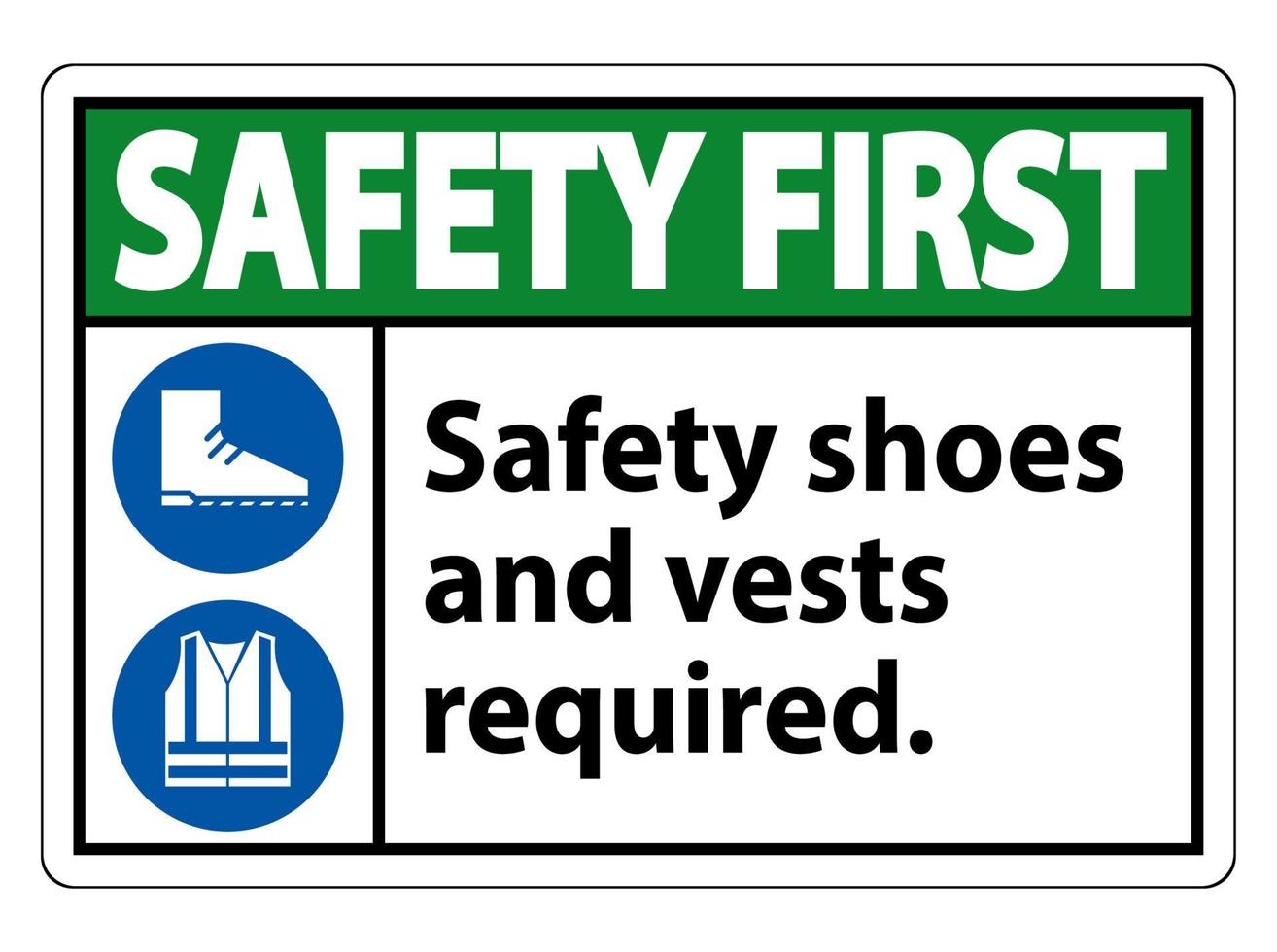 primo segno di sicurezza scarpe antinfortunistiche e giubbotto richiesti con simboli dpi su sfondo bianco, illustrazione vettoriale