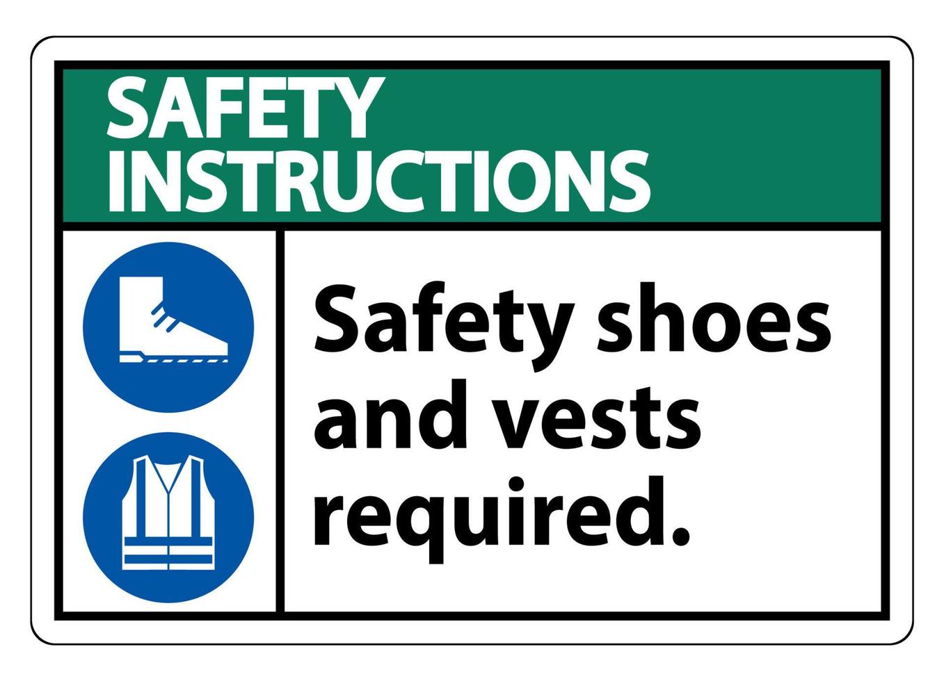 le istruzioni di sicurezza firmano le scarpe antinfortunistiche e il giubbotto richiesti con i simboli PPE su sfondo bianco, illustrazione vettoriale