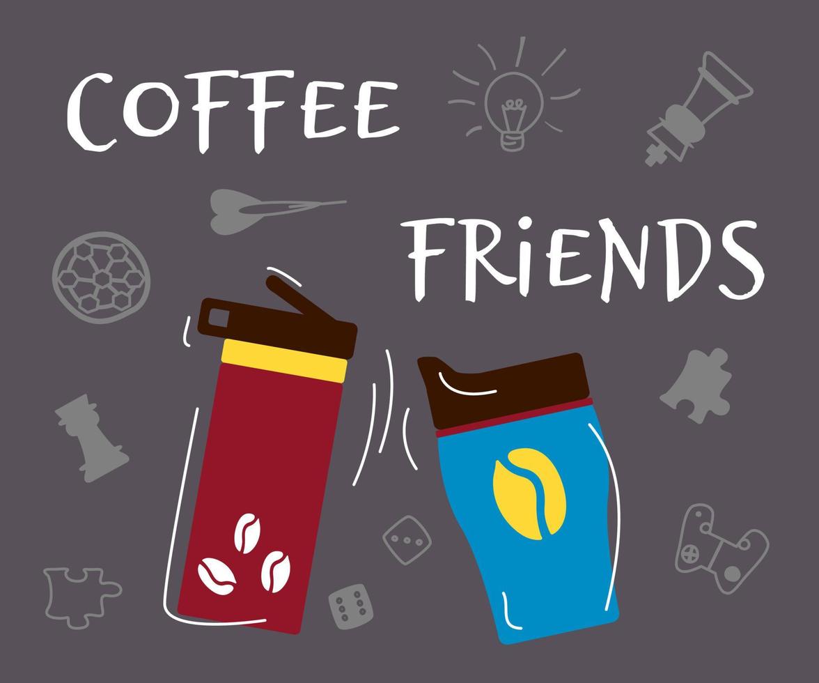 lo slogan è caffè amici. propria tazza, vetro riutilizzabile, tazza termica. illustrazione vettoriale piatto. banner per caffetterie e caffè.