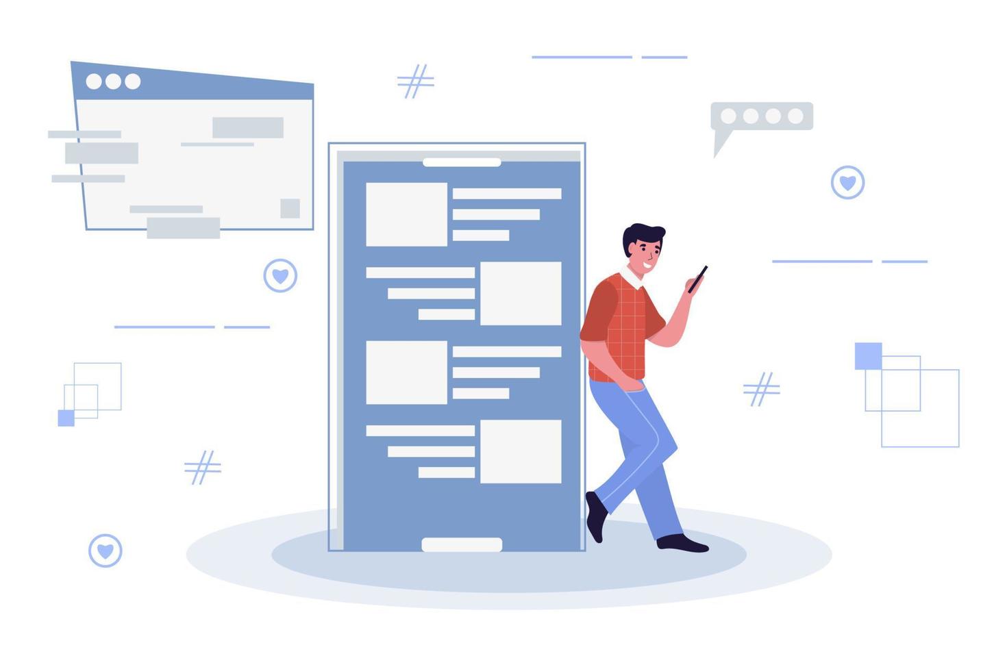 navigando in internet su smartphone giovane che utilizza il social network ricerca online e comunicazione piatta illustrazione vettoriale