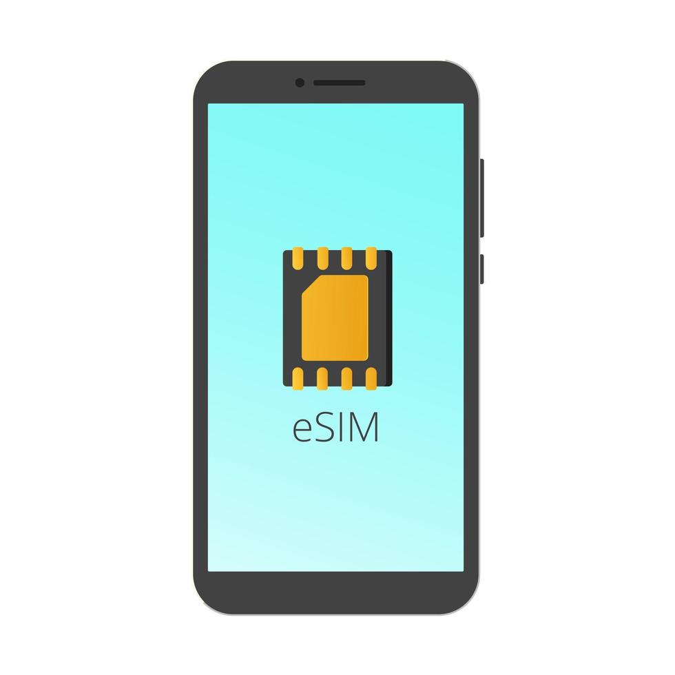 esim icona del design in stile piatto segno sullo schermo dello smartphone o del telefono cellulare illustrazione vettoriale isolato su sfondo bianco. scheda SIM incorporata con simbolo del chip.