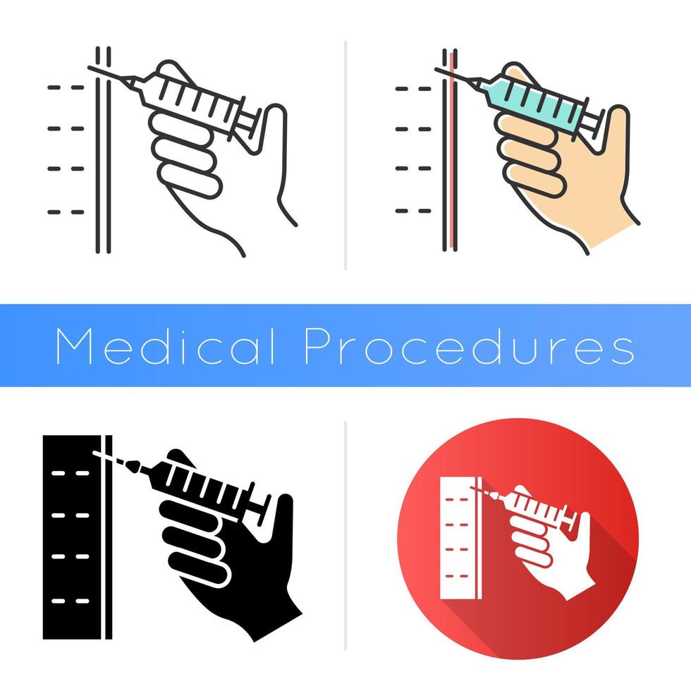 icona di iniezione. siringa con vaccino. immunizzazione. trattamento clinico. prevenzione delle malattie. servizi ospedalieri. riempitivo cosmetico. design piatto, stili lineari e di colore. illustrazioni vettoriali isolate