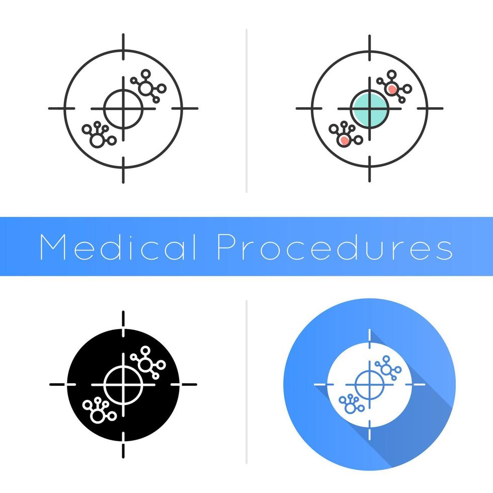 icona di immunoterapia. esame della leucemia. esperimento molecolare. oncologia. cellule e anticorpi. sistema immune. procedura medica. virus. design piatto, stili lineari e di colore. illustrazioni vettoriali isolate