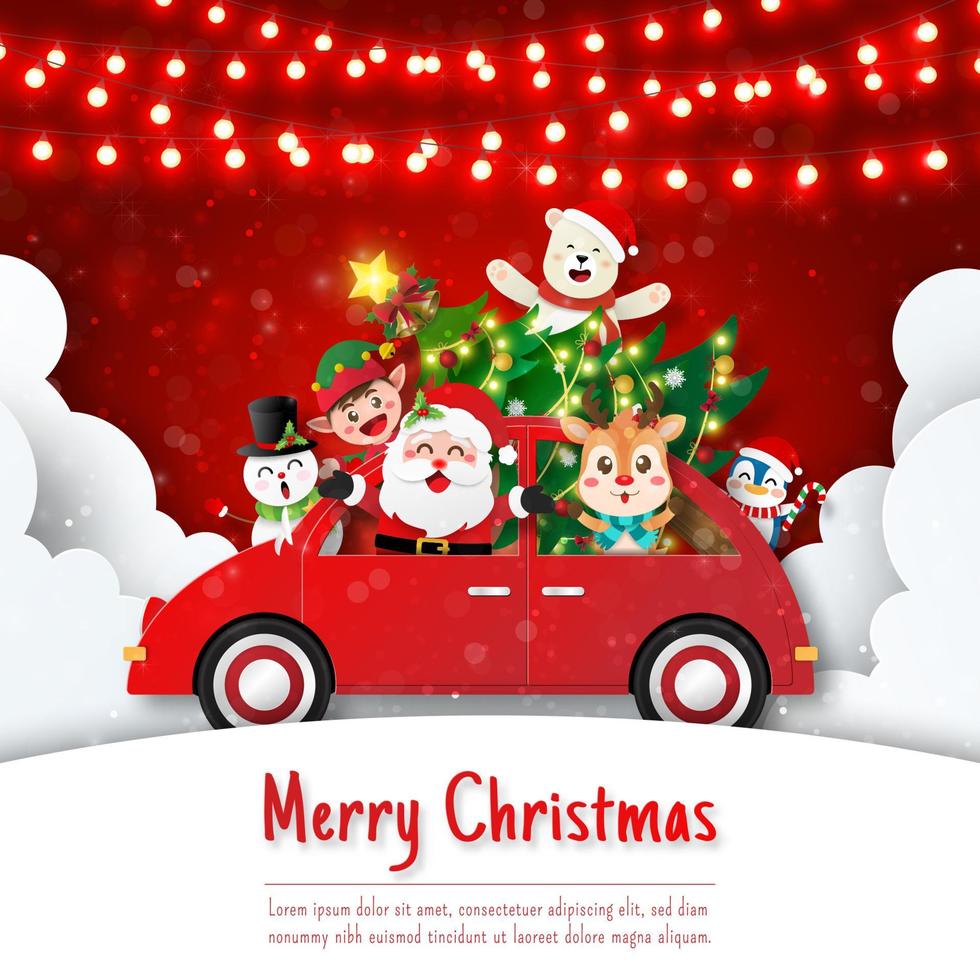 cartolina di natale di babbo natale e amico sull'auto di natale vettore