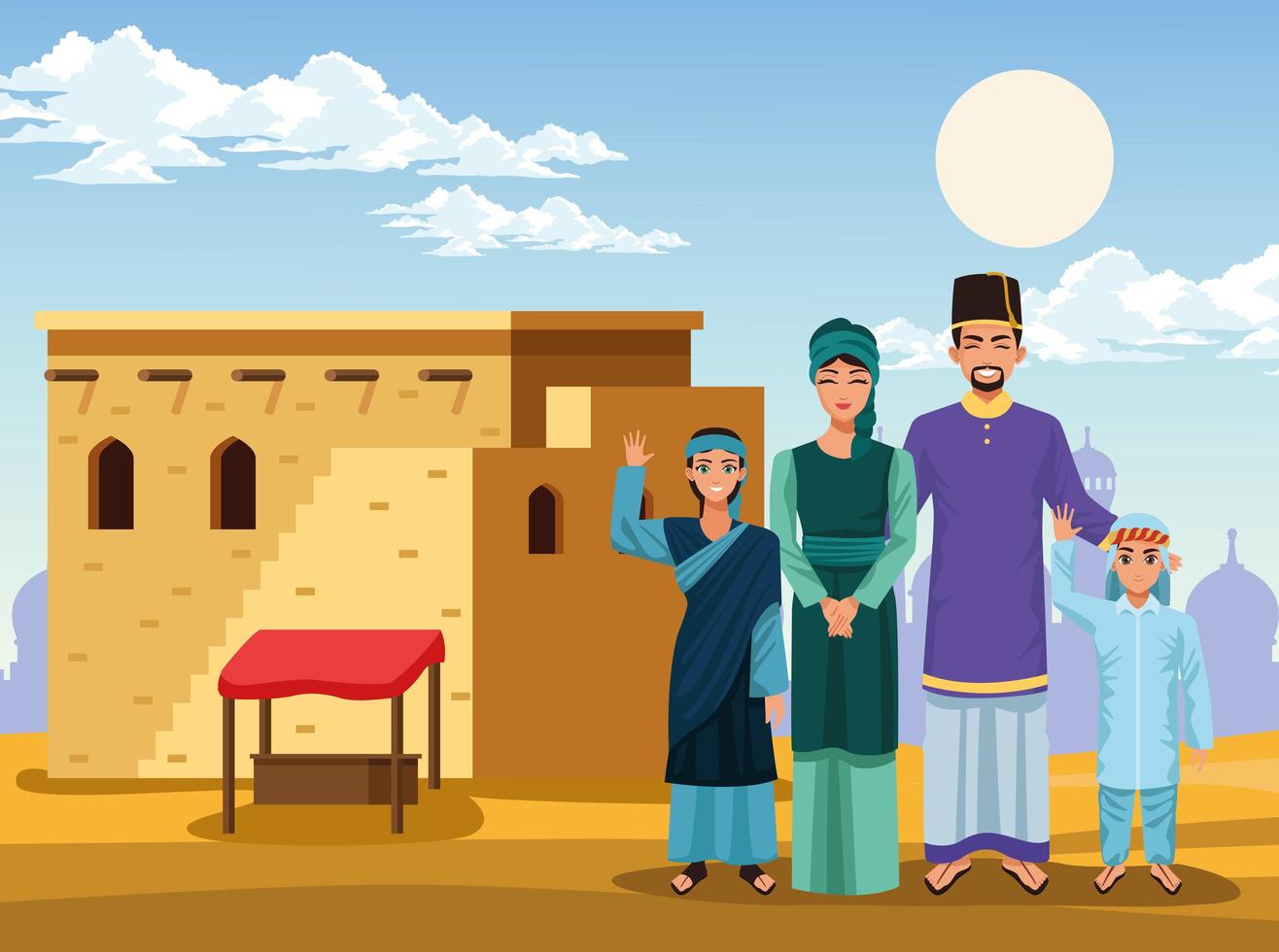 famiglia musulmana con casa vettore