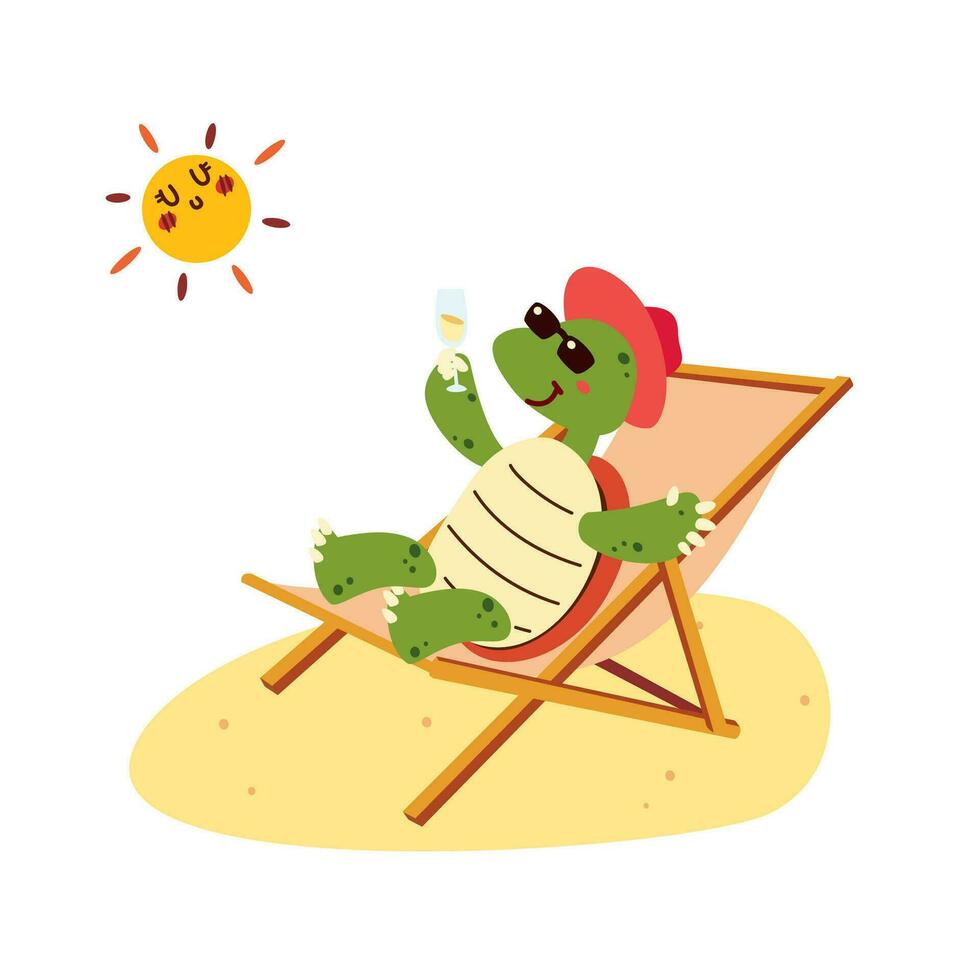 un' carino tartaruga con un' bicchiere di bevanda seduta su ponte chai cartone animato personaggio isolato piatto vettore illustrazione. Ciao estate. contento vacanza su il spiaggia.