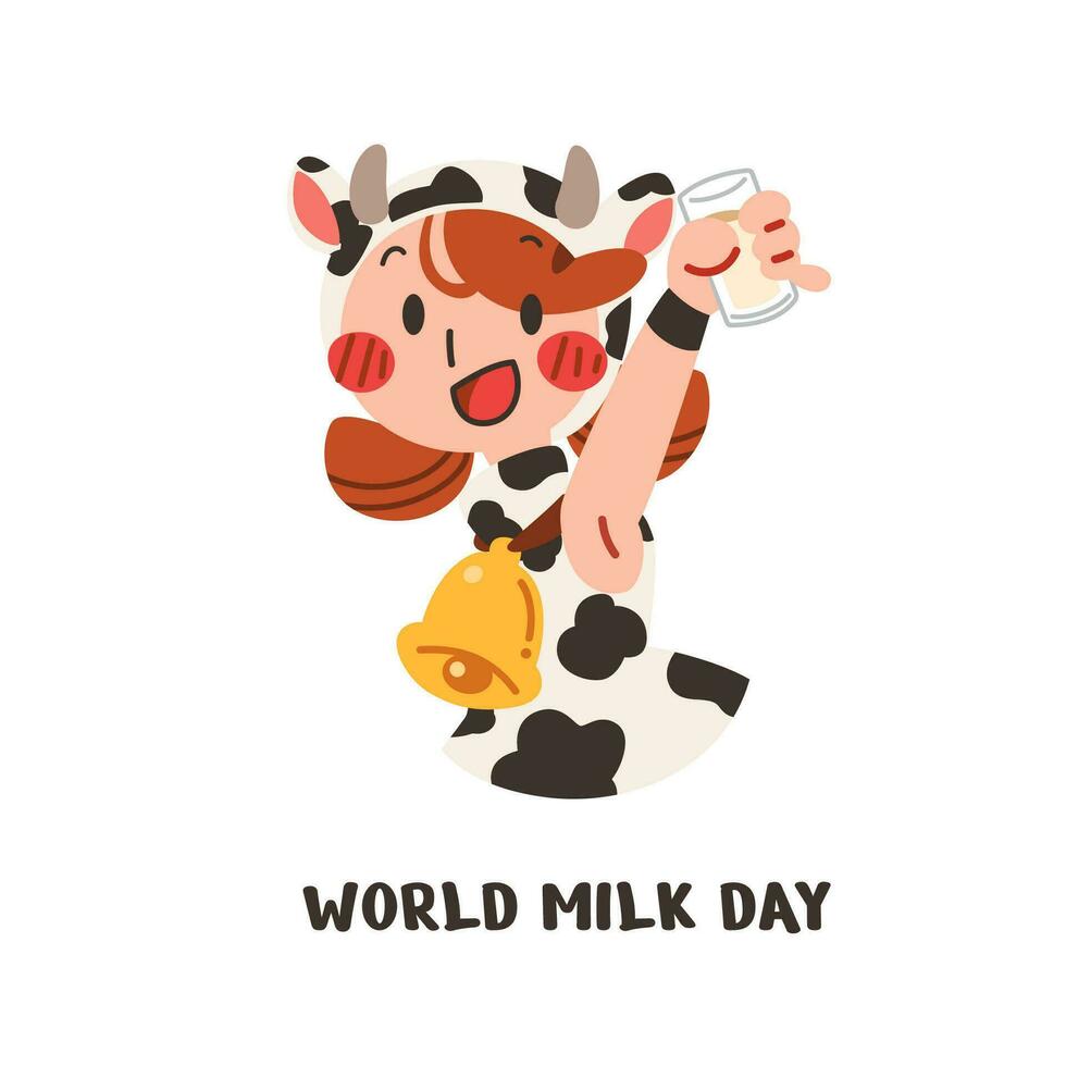 andiamo bevanda latte con bello mucca ragazza portafortuna piatto vettore illustrazione. nazionale latte giorno. un' allegro mucca donna festeggiare e godere potabile un' bicchiere di bianca latte per sano.
