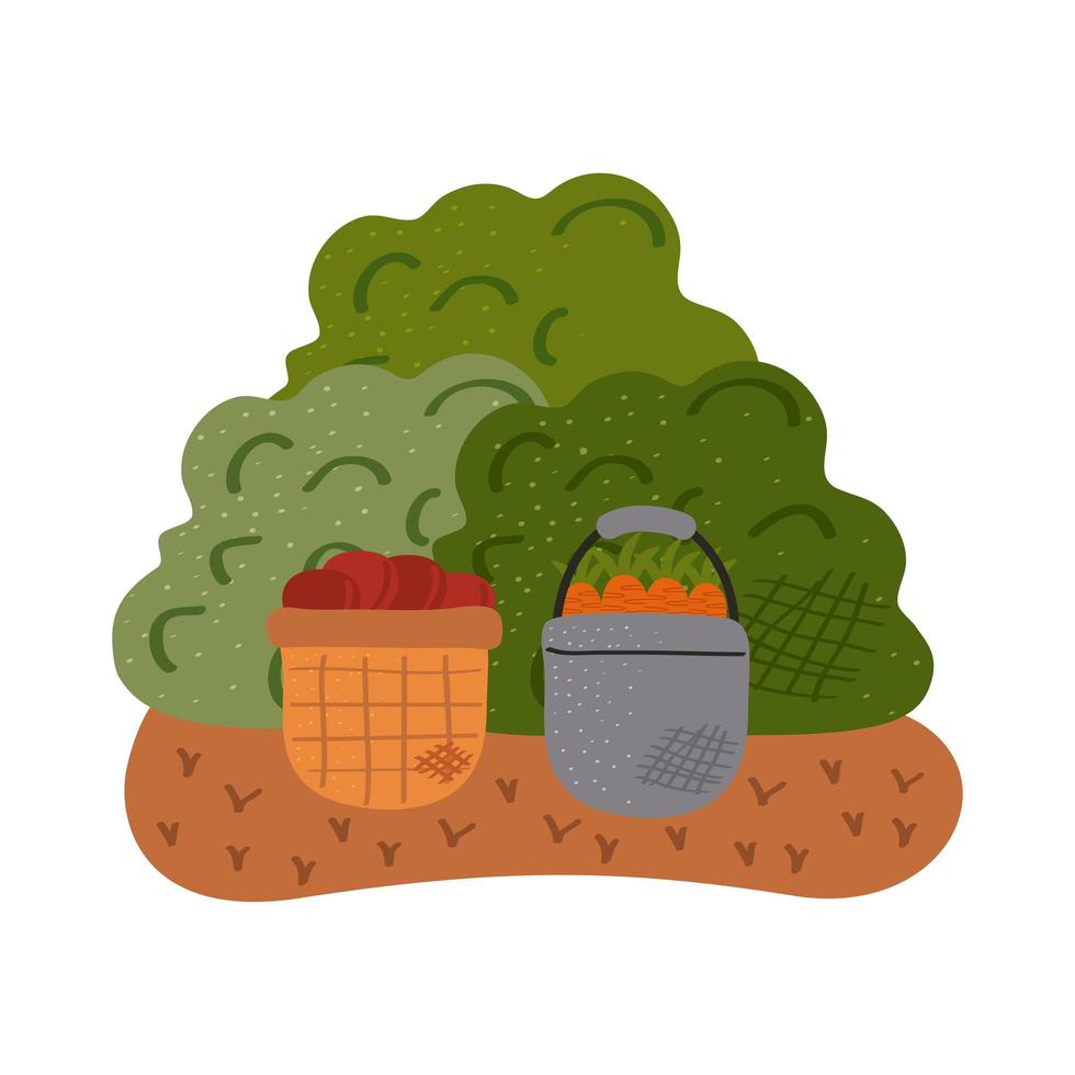 cestino di paglia con carote e pomodori verdure vettore