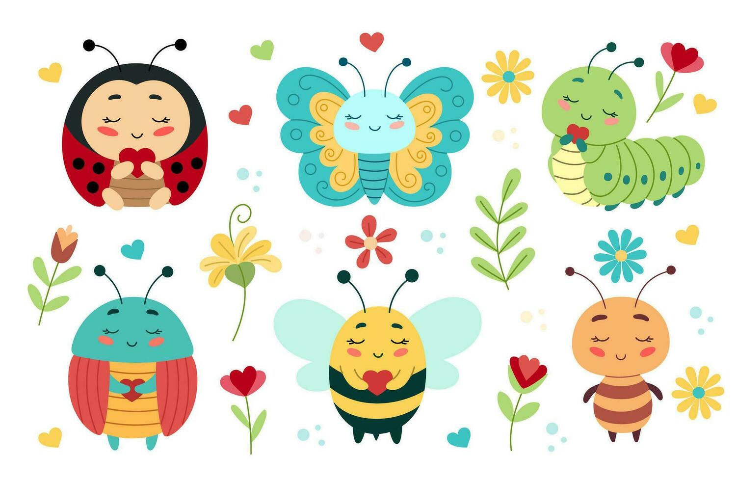 un' impostato di carino cartone animato insetti quale include un' coccinella, un' la farfalla, un' bruco, un' scarafaggio, un' ape, un formica. vettore illustrazione per bambini e bambini piccoli, bambino