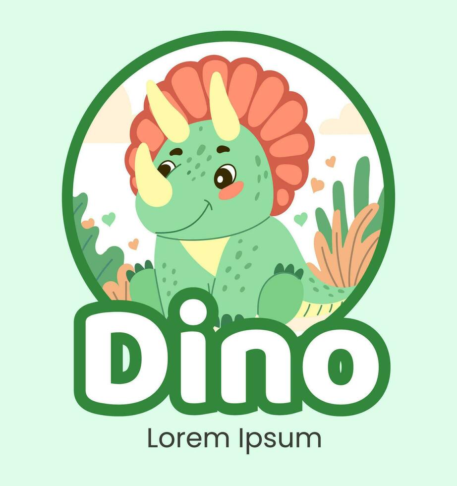 carino triceratopo dinosauro logo piatto illustrazione di allegro su storico carattere. vettore
