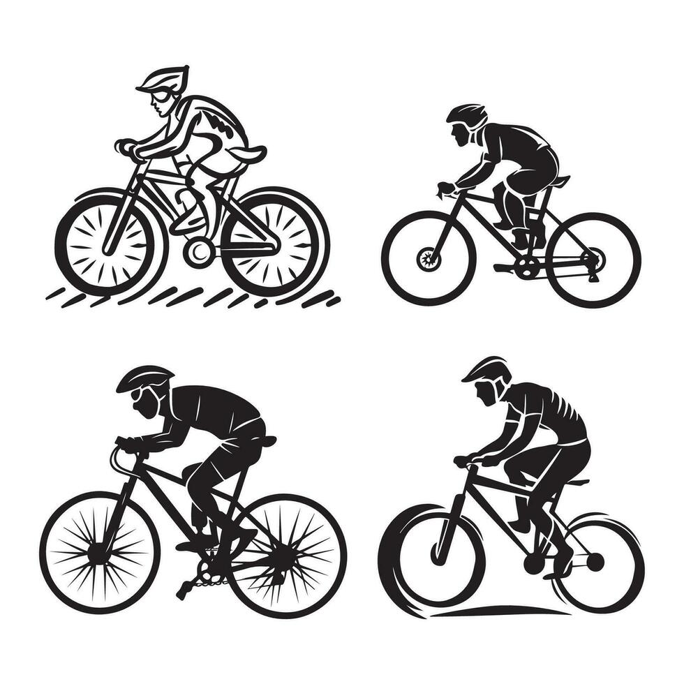 ai generato montagna bicicletta ciclista icona impostare, montagna bicicletta ciclista piatto icona schema vettore