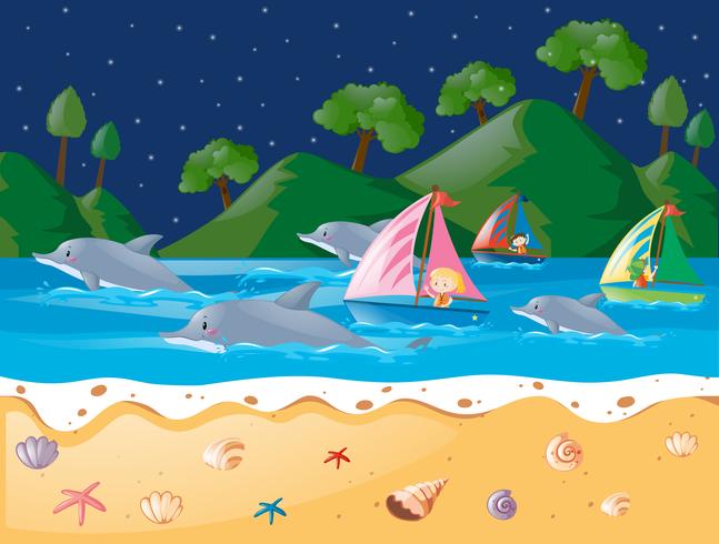 Scena dell&#39;oceano con i delfini e la barca a vela vettore