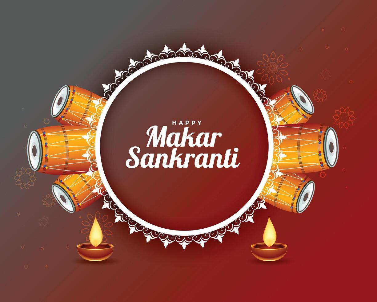 makar sankranti sfondo con batteria e diya lampada vettore