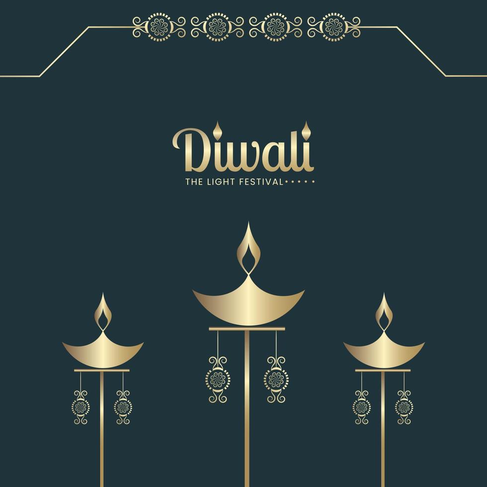 felice post sui social media di diwali di lusso. il festival della luce con l'illustrazione delle lampade a olio d'oro vettore