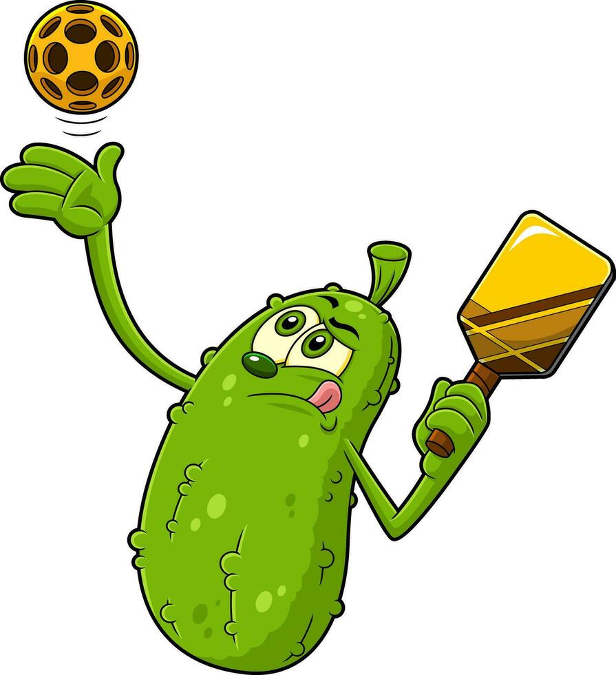 divertente salamoia cartone animato personaggio giocando pickleball. vettore mano disegnato illustrazione